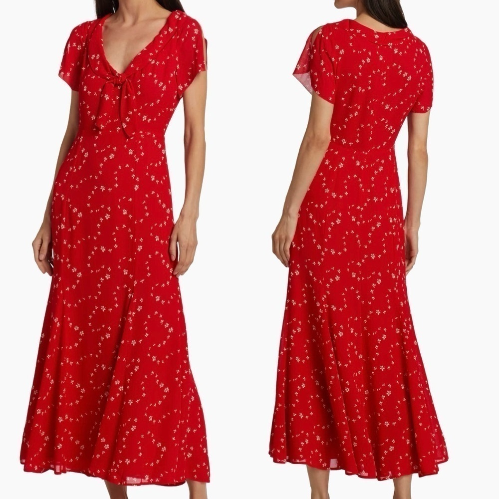 NWOT REFORMATION Talleen Red Floral Print Ruffle maxi cap sleeves Dress sz 12